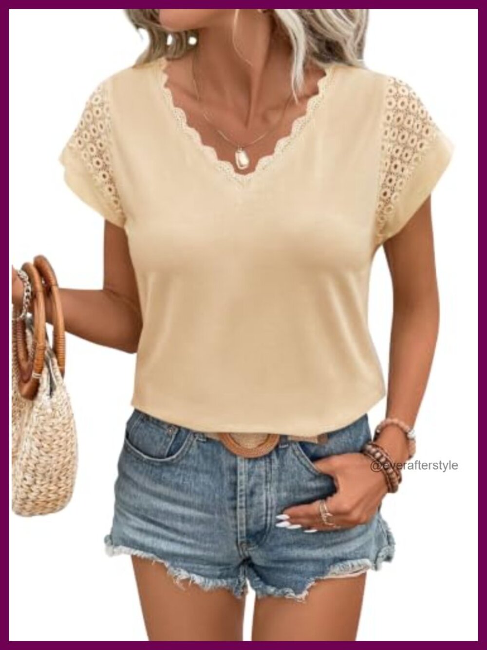 Lace Trim V-Neck Top Short Sleeve Crochet Eyelet Blouse Dressy Casual Work